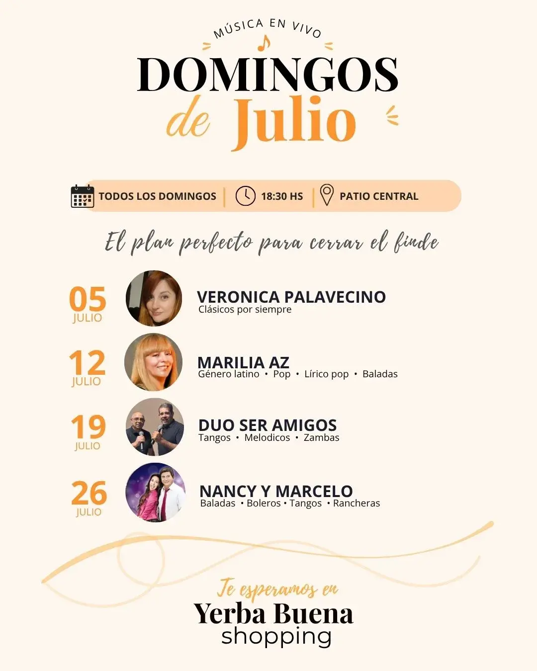 Música en vivo todos los domingos de julio a las 18:30 hs en el Patio Central del Yerba Buena Shopping