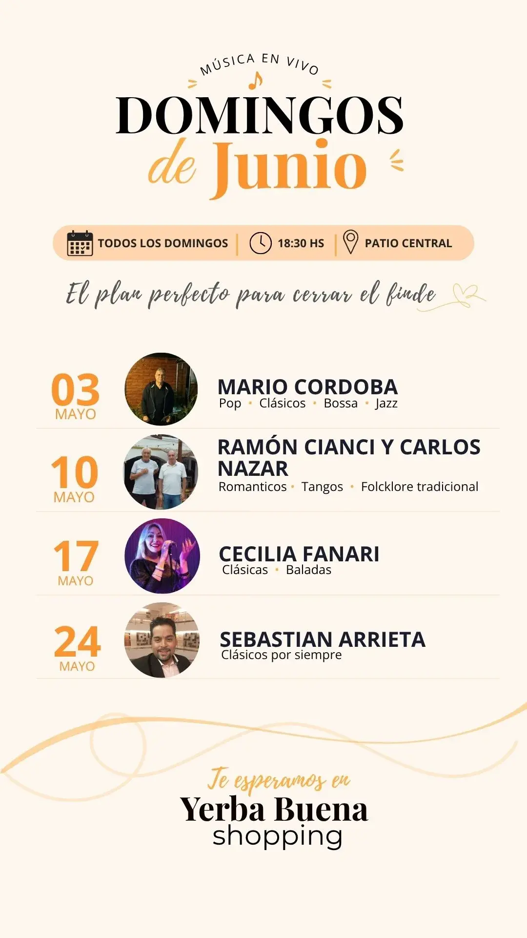 Música en vivo todos los domingos de junio a las 18:30 hs en el Patio Central del Yerba Buena Shopping